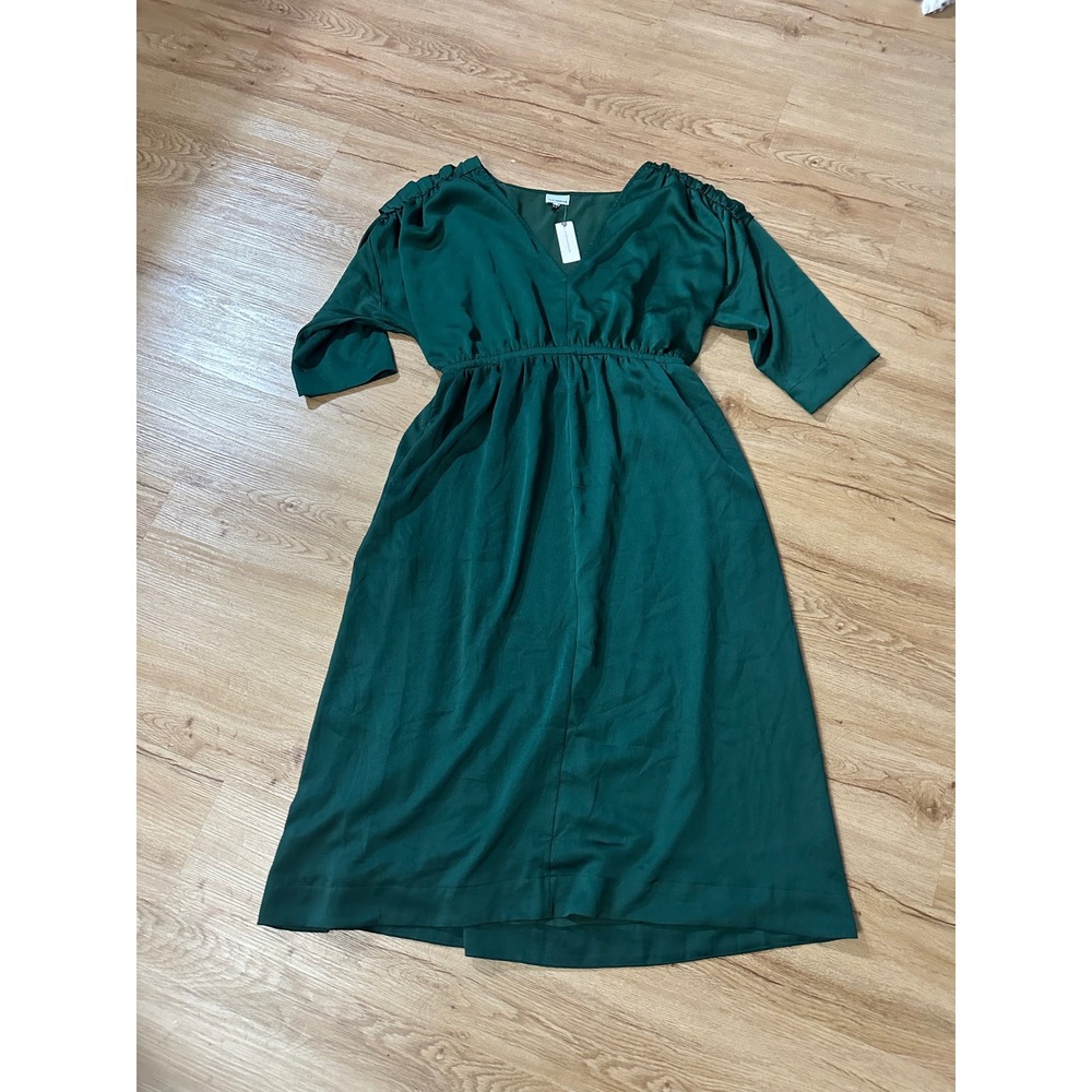 The Odells Anthropologie Green V-Neck Ruched Sleeve Midi Dress Size M NWT $220